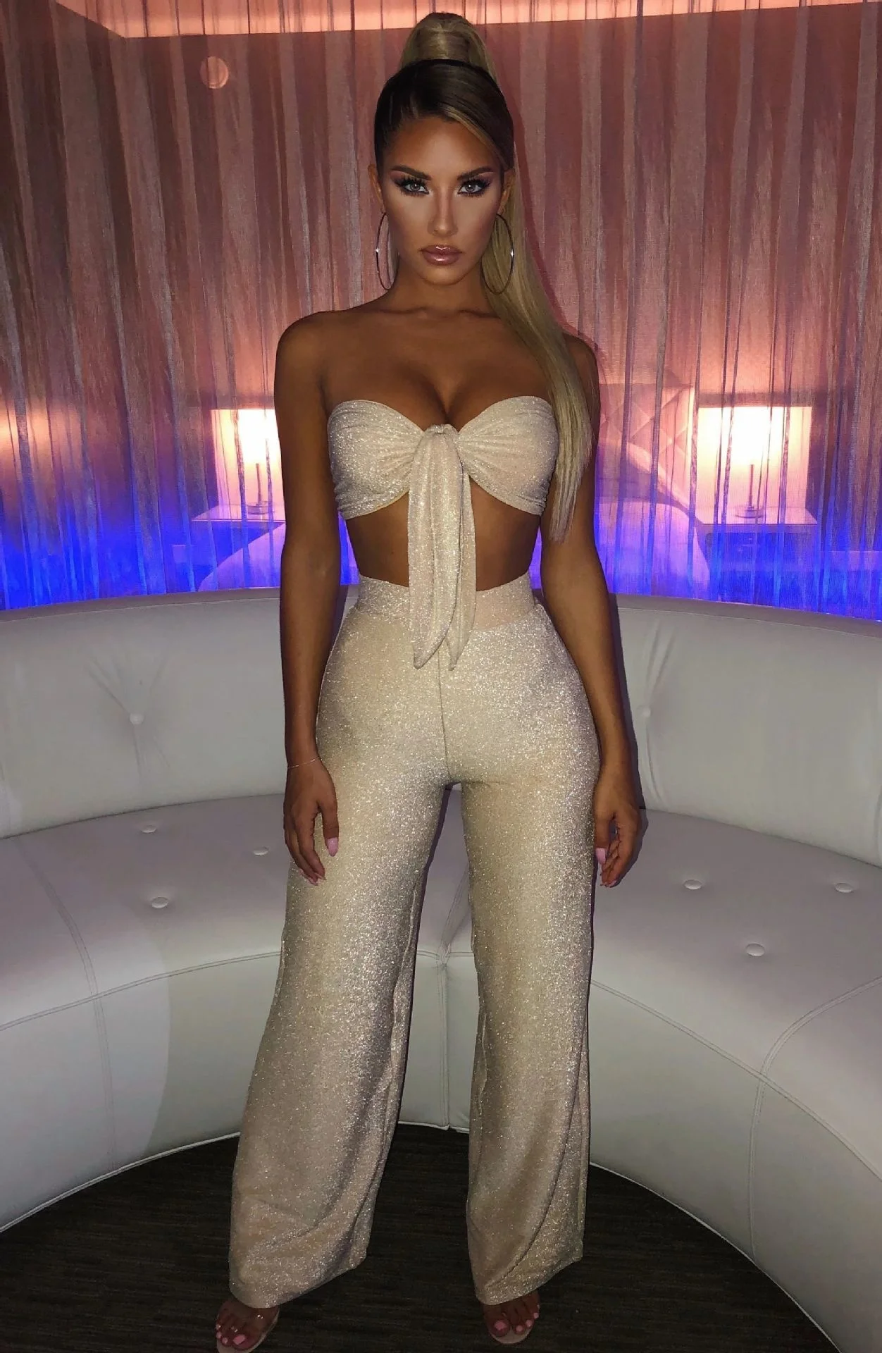 

NSHYPOI Bright Silk Sexy Nightclub Style Sleeveless Lace-up Chest Top High Waist Wide Leg Trousers 2-piece Women's Suit