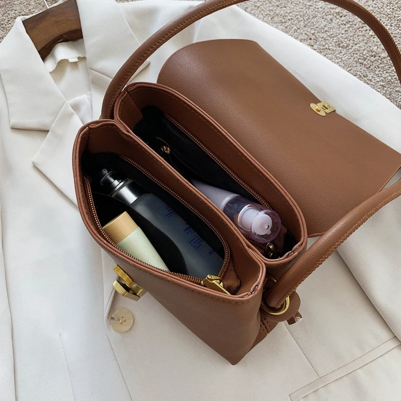

New Casual Flap Handbag with Lock Women Trend Shoulder Bag Simply Female Messenger Crossbody Bag Solid Color Portable Square Bag
