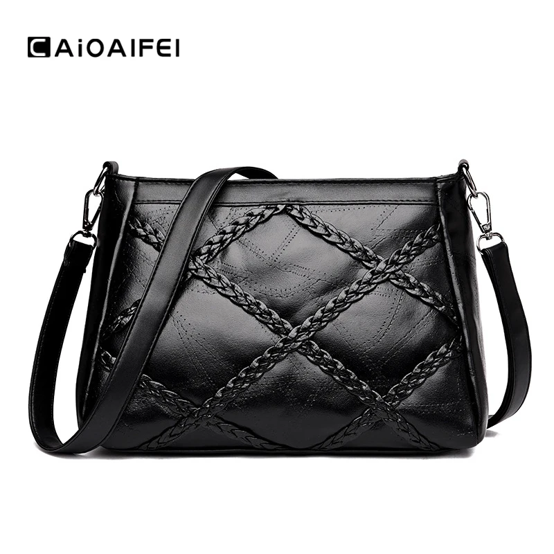 

CAIOAIFEI fashion knitting plaid women shoulder bag retro patchwork PU leather female black satchel top-handle crossbody bags
