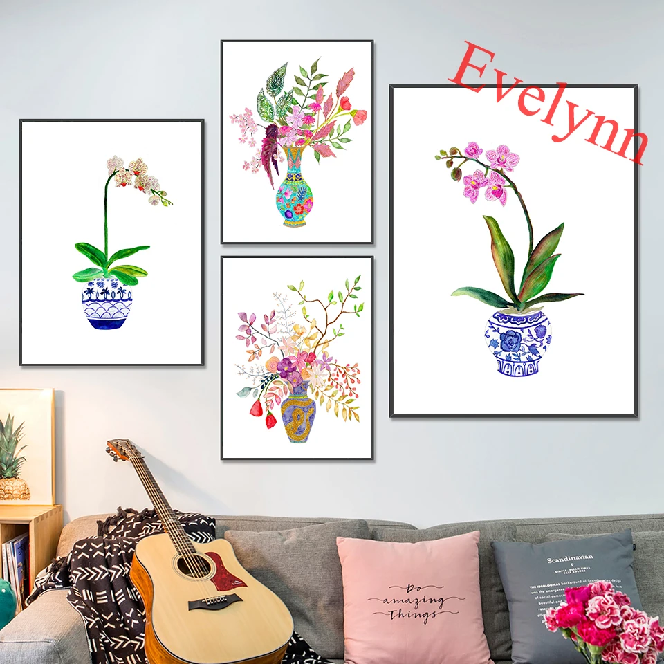 Антикварные китайские вазы сине-белые фарфоровые плакаты. Яркие цветные