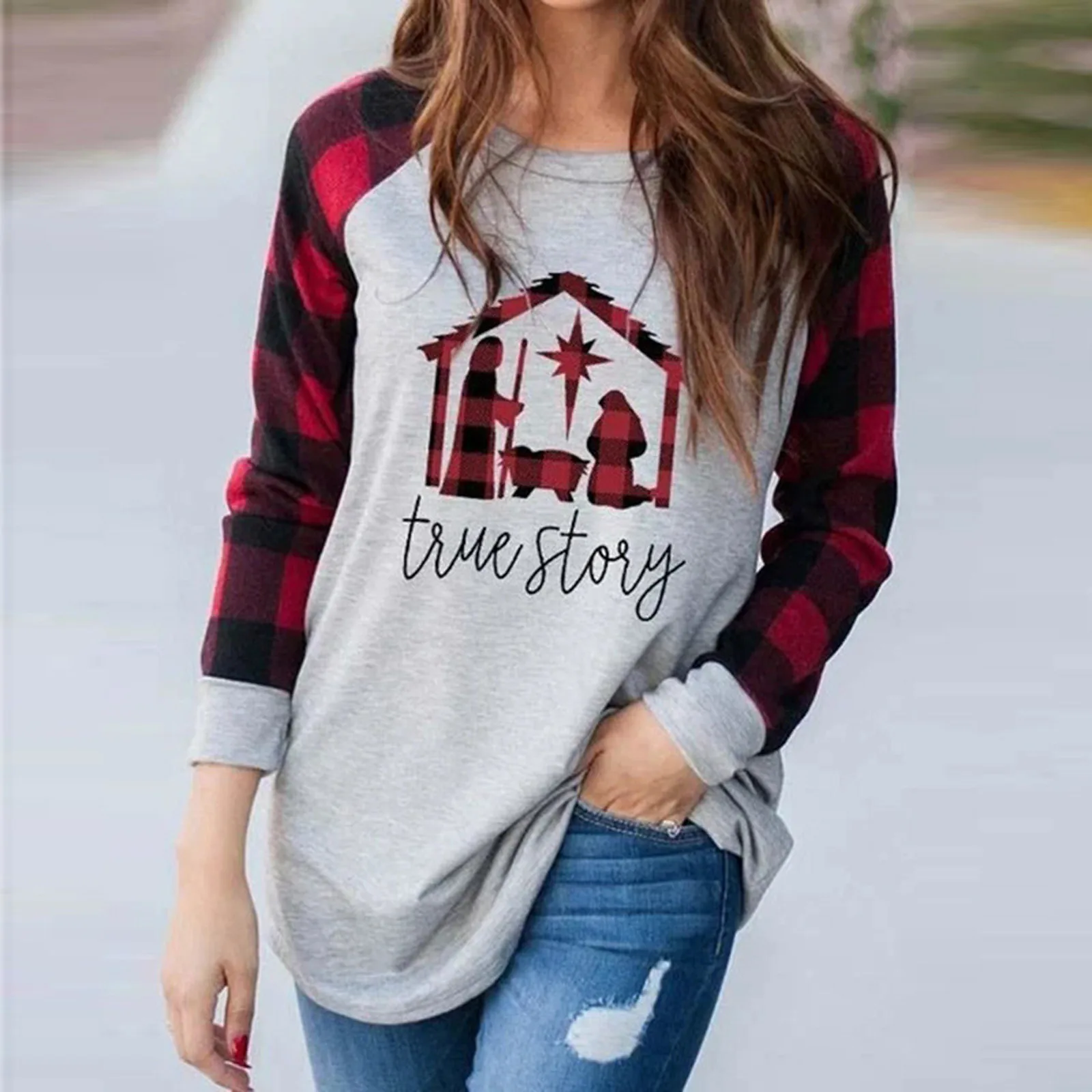 

Fashion Women Design Tshirts Women Design Printing Plaid Stitching Long Sleeve Casual T-shirt Tops Poleras Mujer Camisetas