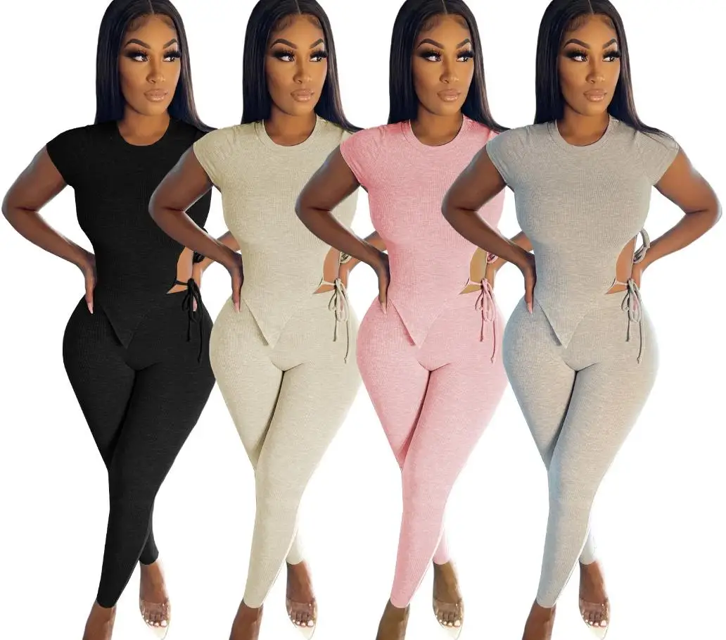 

2021 Newest Women Sports 2PCS Short Sleeves O-Neck Hollow Out Irregular Tops Skinny Pencil Pants Solid Outfits Nightclub Party