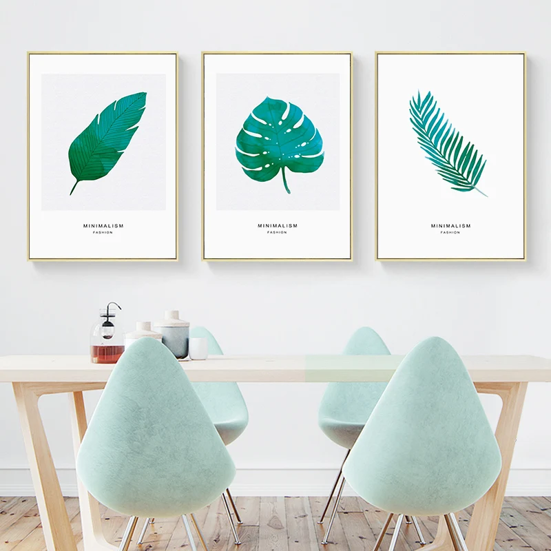 Настенная картина в скандинавском стиле рисунок акварелью и зелеными листьями
