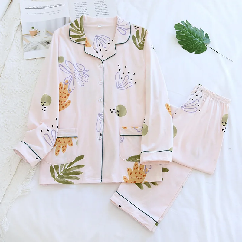 

Long Sleeve Spring Pajamas Homewear Women Cotton 2pcs Sleepwear Intimate Lingerie Shirt&pants Sexy Home Clothing Print Nightwear