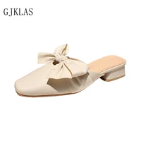 chunky heels slippers women summer mules shoes bow fashion sandals sliders shoes women house leather shoes zapatos femenino