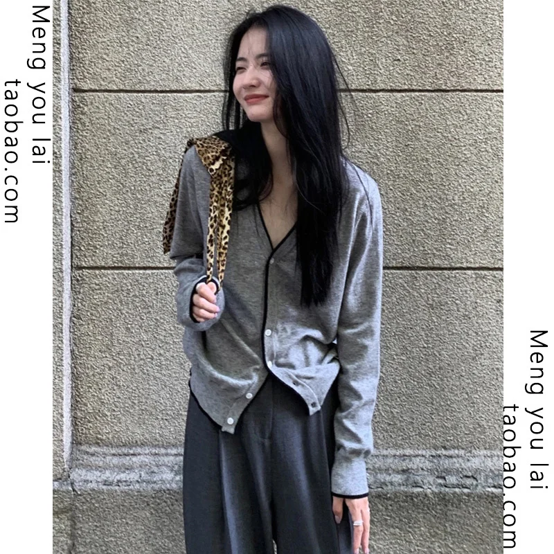 

Gray V-neck Knitted Cardigan Sweater Women's Coat Outer Wear Autumn and Winter Spring and Autumn 2021new Autumn Winter Coat.Kio