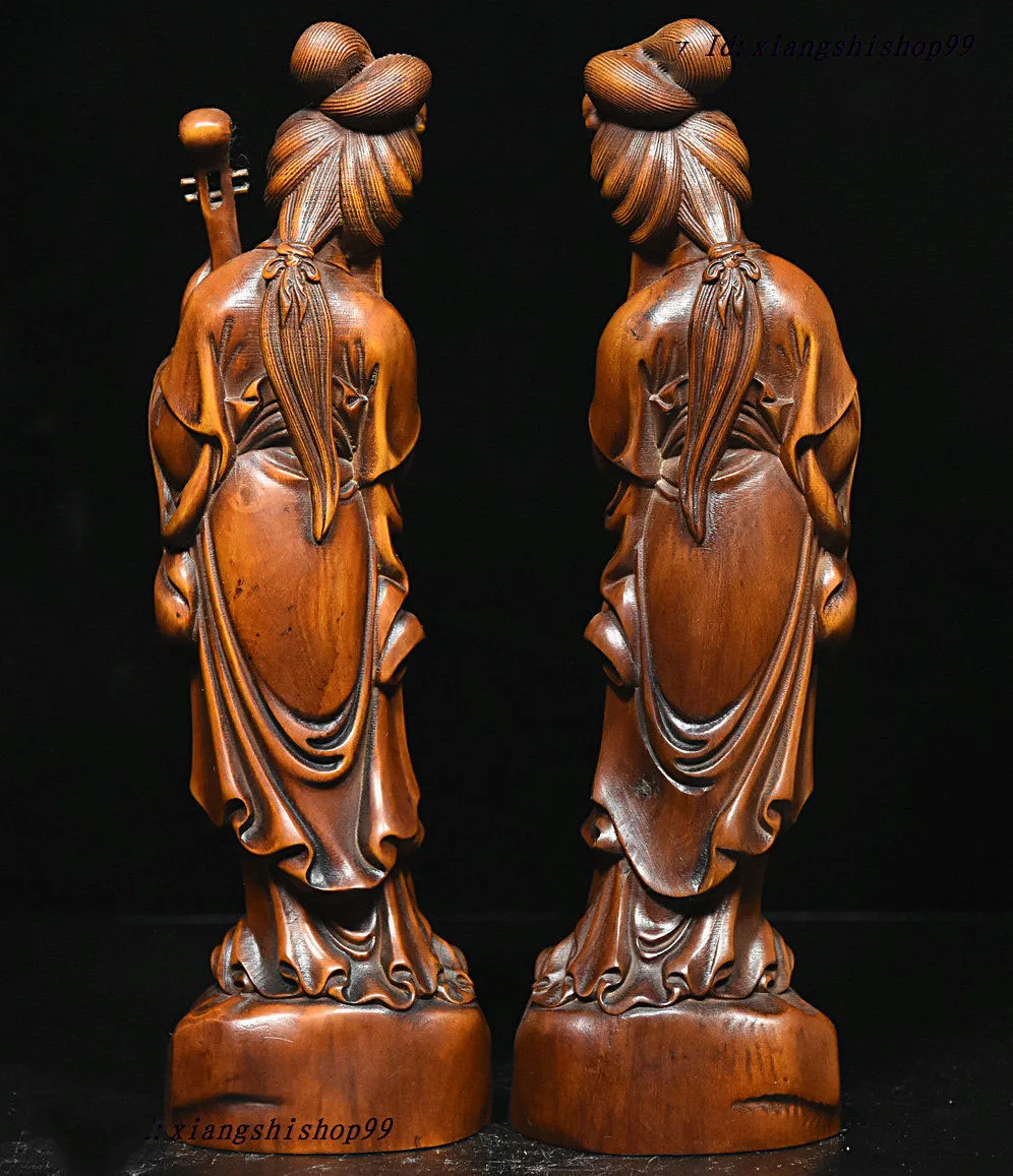 

wedding decoration China Boxwood Wood Carved traditional woman Belle Hold Teapot Qin Statue Pair