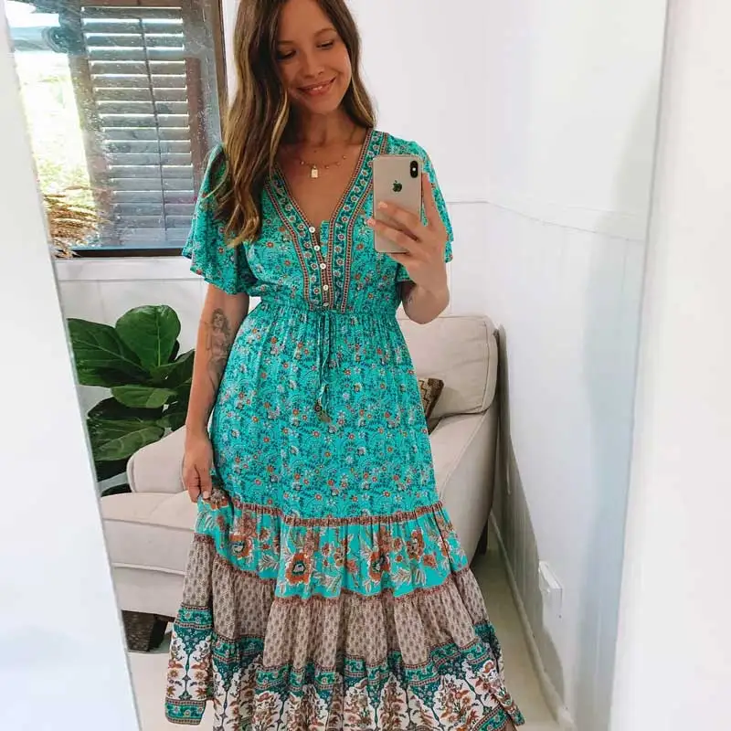 BOHO turquoise women summer green dress flare sleeve long buttons front hippie chic new beach party wear | Женская одежда