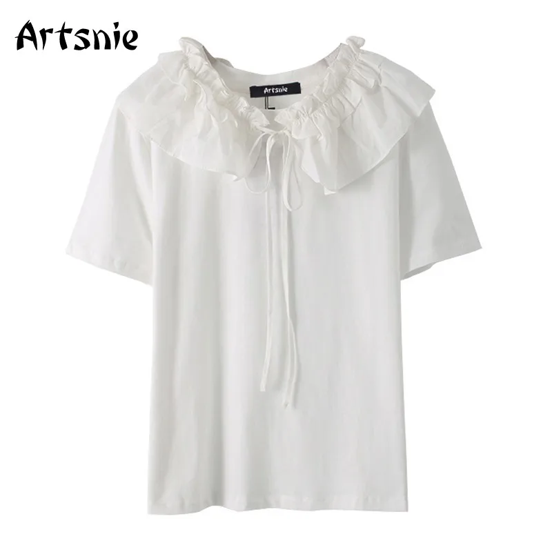 

Artsnie Лето 2021, женская футболка с оборками, с коротким рукавом, тонкая, уличная, повседневная, белая, тканая женская футболка