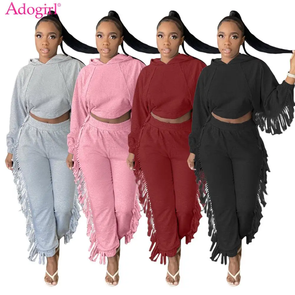 

Adogirl Cotton Hooded Sweatshirt Tassel Two Piece Set Casual Long Sleeve Crop Hoodies Pockets Pencil Pants Suit Sports Tracksuit