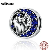 wostu moon star cute cat beads 925 sterling silver blue enamel charm fit original diy bracelet pendant jewelry making cqc1204