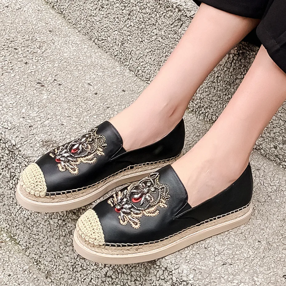 

Women's genuine leather embroidery crystal decoration casual flats hemp Fisherman shoes round toe moccasual daily loafers shoes