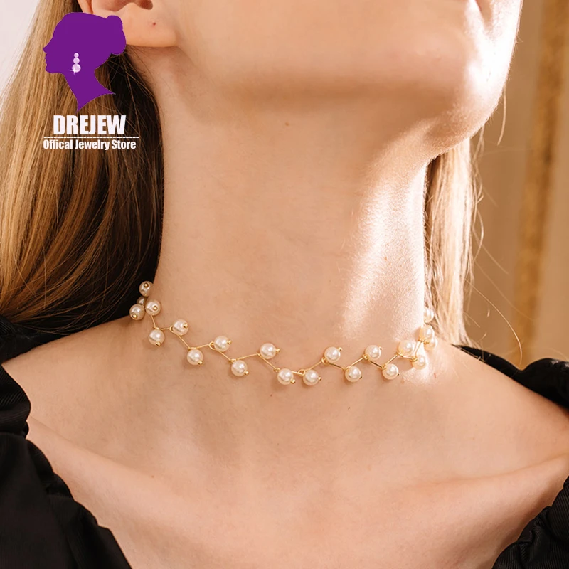 DREJEW Korean Short Pearl Crystal Statement Choker Necklaces Silver Gold Black Necklace for Women Friend Collares boho Jewelry