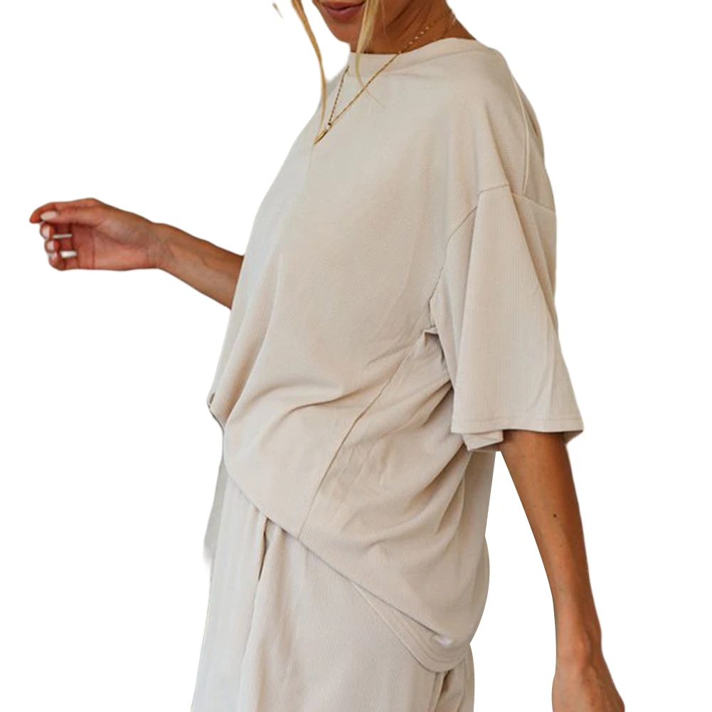 

Summer Autumn Women Simple Style Pajamas Set Breathable Short Sleeve Round Neck Solid Color Loose Leisure Wear