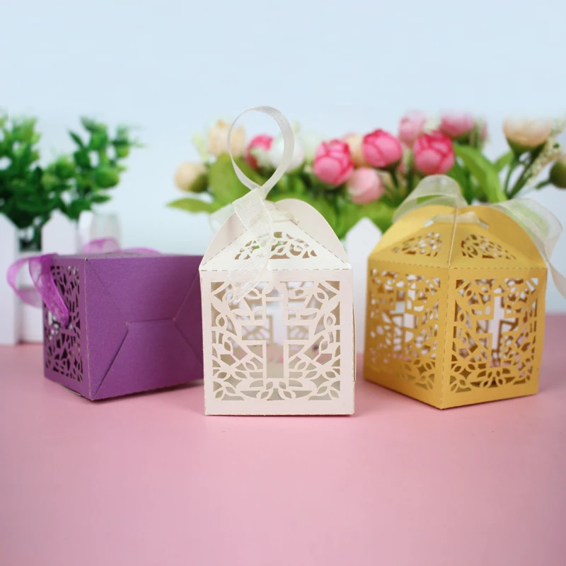 100 шт./лот коробки для конфет с крестом Подарочная коробка гостей упаковка Baby Shower