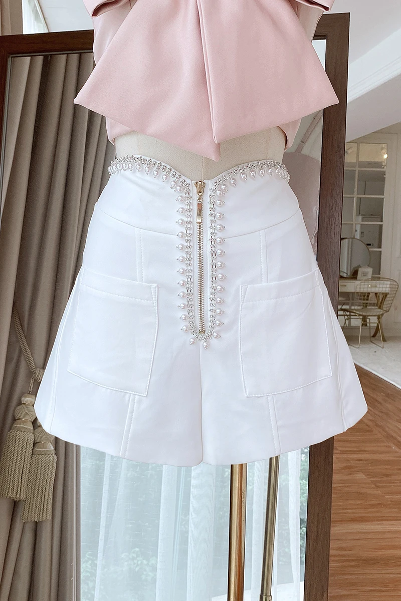 

French Style Heavy Beads High Waist Shorts Women 2021 Summer Versatile Socialite Casual Short Wide Leg Pants Simple Shorts