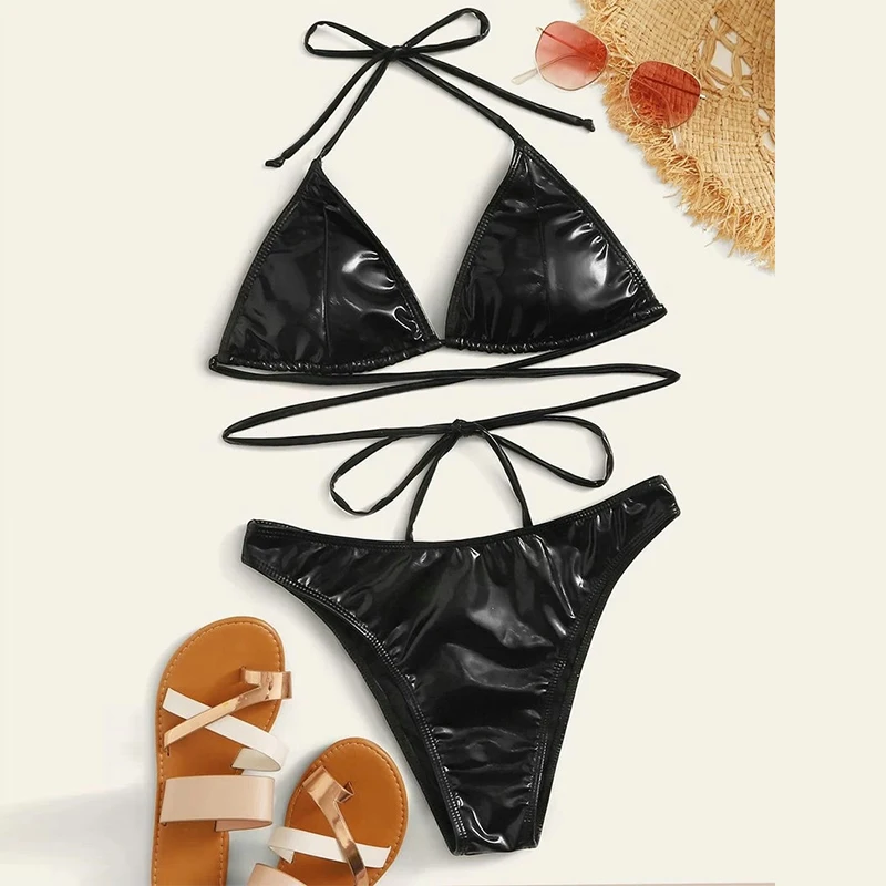 

Sexy Halter Bikini Set 2021 Lace Up Swimsuit Female Solid Push Up Swimwear Women High Cut Bathing Suit Summer Bathers