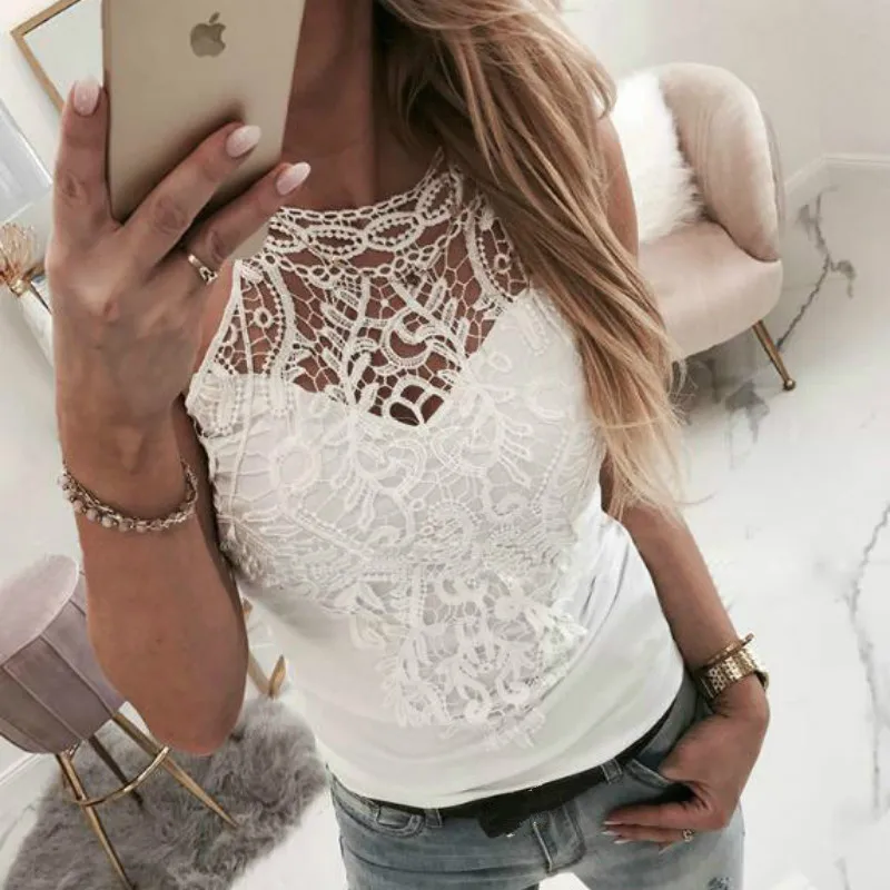 

2019 Womens Tops and Blouse Sexy Lace Hollow Out Patchwork Turtleneck Sleeveless Women Blouse Women Shirts