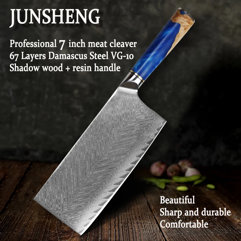 

JUNSHENG VG10 7-inch Meat Cleaver 67-layer Damascus Steel Chef's Knife Shadow Wood + Resin Handle Free Shipping