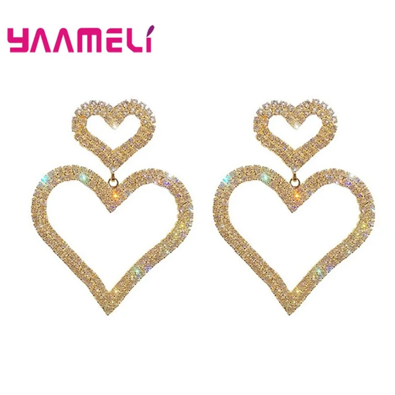 

Stylish Double Hollow Heart Drop Dangle Earrings for Women Shiny Crystal Jewelry Lovers Earrings Wedding Party Ear Jewelry