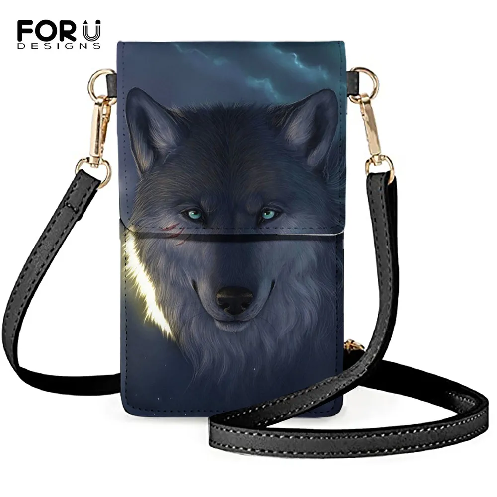 

FORUDESIGNS Wolf 3D Printed PU Leather Touch Screen Mobile Phone Bag Women Mini Pocket Shoulder Crossbody Bags Transparent Purse