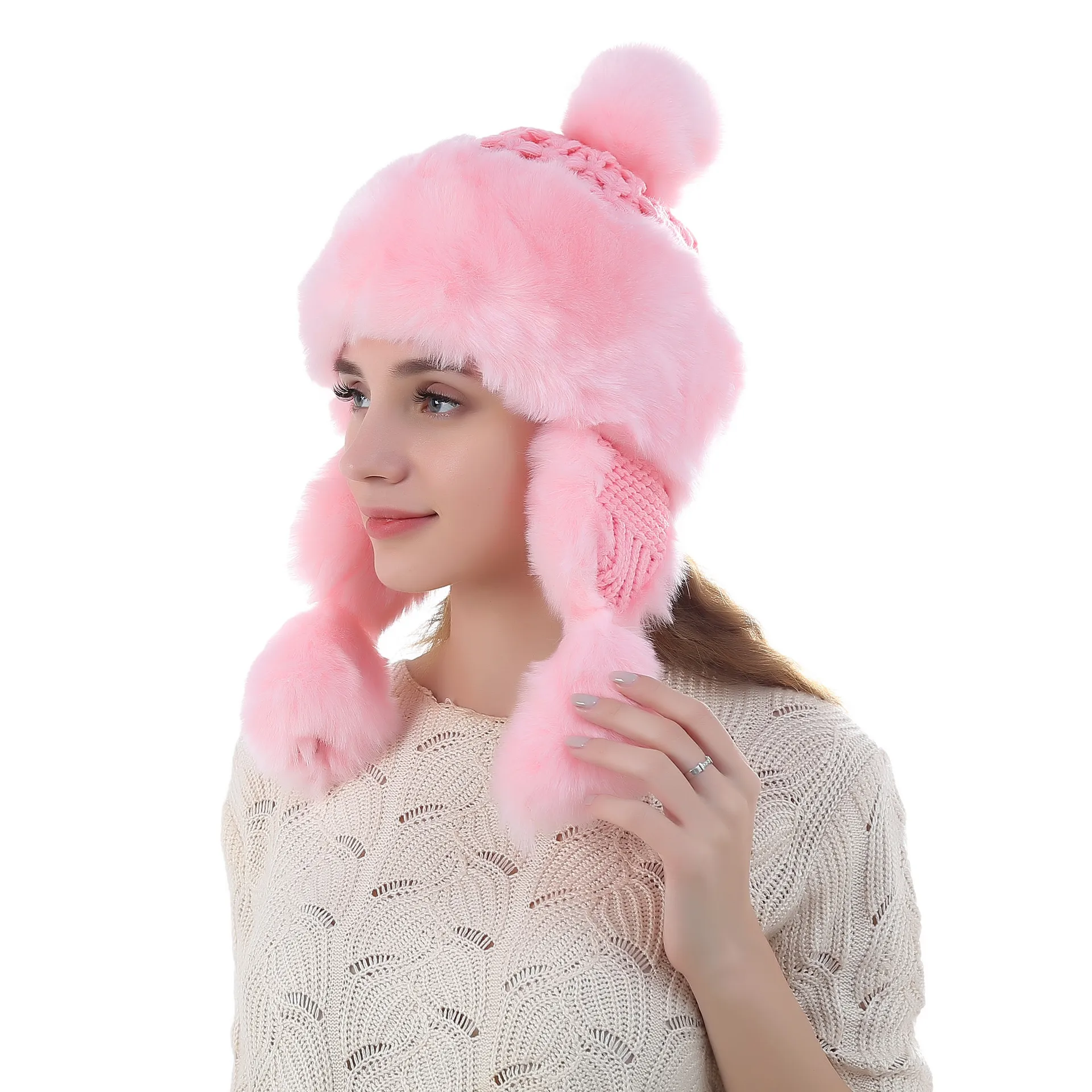 

Female Rabbit Wool Knitted Cap Winter Mongolian National Caps Princess Cap Thickened Wool Cap Ear Protector Bomber Hats