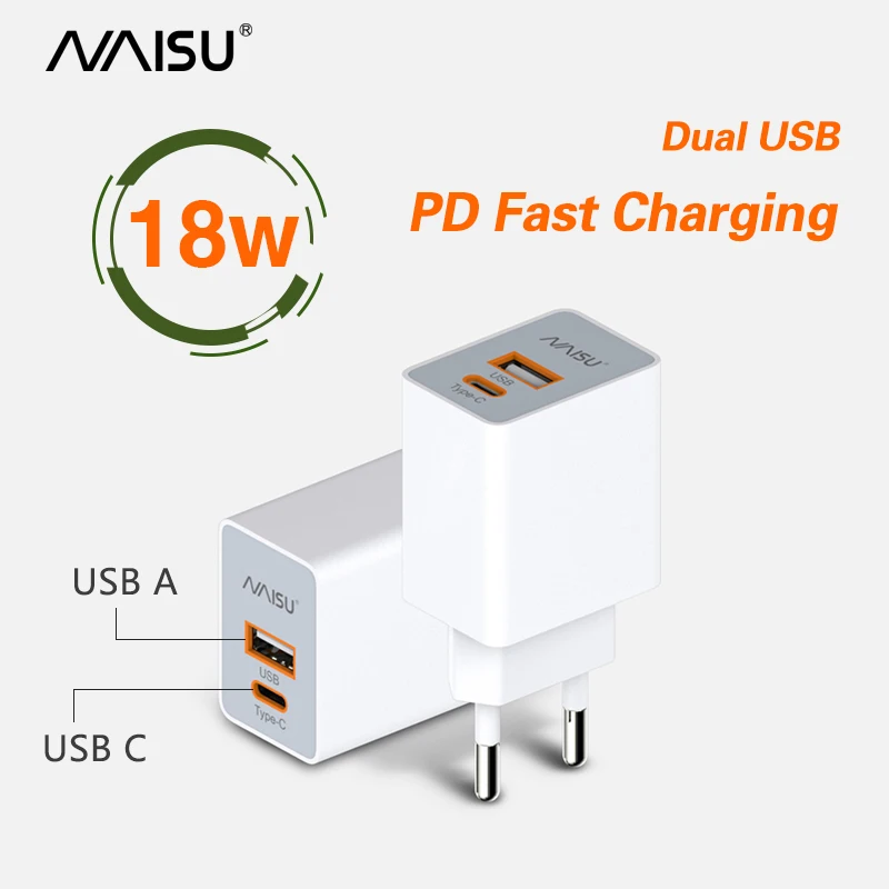 

NAISU Dual USB PD Charger 18W QC4.0 Fast Charging Type-C Wall Adapter For Iphone 13 12 11Pro Xiaomi Huawei Samsung LG Universal