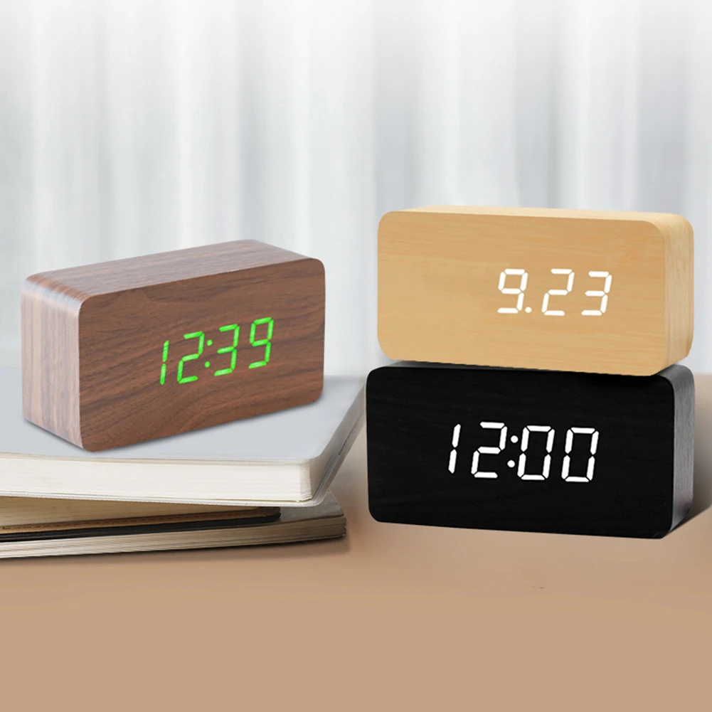 

USB/AAA Clocks LED Wooden Alarm Clock Watch Table Voice Control Digital Wood Despertador Electronic Desktop Table Decor 2021