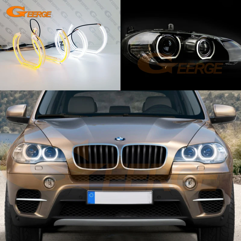 

For BMW E53 E70 X5 X5M Headlight Excellent Ultra Bright A/W Switchback Day Light Turn Signal DTM Style LED Angel Eyes Halo Rings