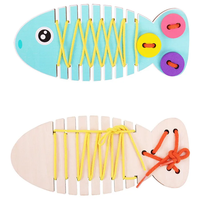 

Montessori Educational Wooden Toy 3D Puzzle Fish String Bead Rope Game Wooden Sensory Mathematic Early Intellectual Learning Toy