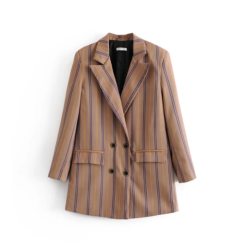 

spring summer new Vintage wild loose double-breasted suit jacket women's long section casual striped Workwear blazer feminino