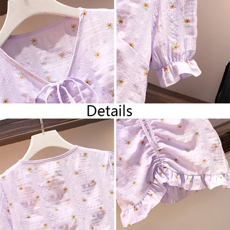 

Blouses Women Floral Shrring Summer Korean Style Sweet Leisure Popular Hot Sale Simple Mujer Design All-match Soft Crop Top Ins