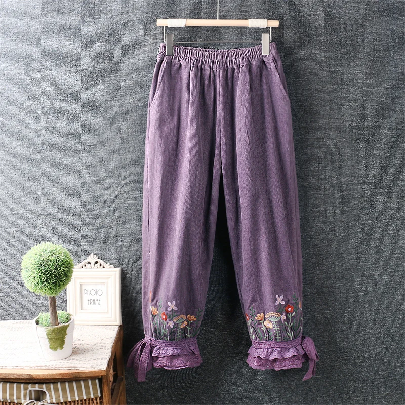

New Fall Women Corduroy Bloomers Japan Style Mori Girl Elastic Waist Embroidery Loose Casual Cropped Trousers Women