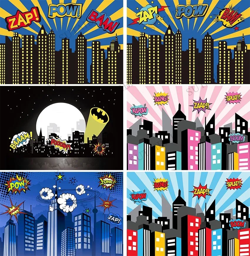 

Superhero City Building Super Hero Baby Shower Birthday Party Backdrop Photography Background for Photo Studio Photophone