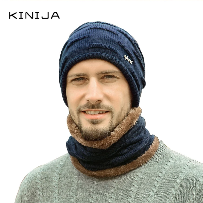 Мужская шапка + шарф комплект Осень зима теплая шерстяная Кепка уличная