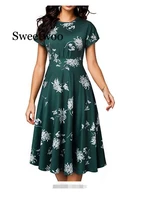 vintage women floral print wiggle a line dress elegant summer pleated party dress