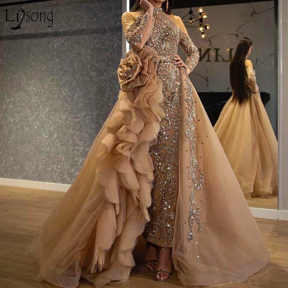 

Luxury Mermaid 2020 Prom Dresses With Detachable Train High Neck Long Sleeve Evening Gowns Glitz Beaded Pageant Dresses For Girl