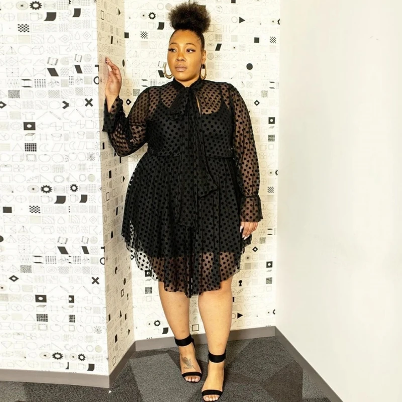 

4XL 3XL Plus Size Women Sexy Nightclub Wear Mesh Dresses 2021 Spring New Large Size Lady O-neck Hollow Out Irregular Dress
