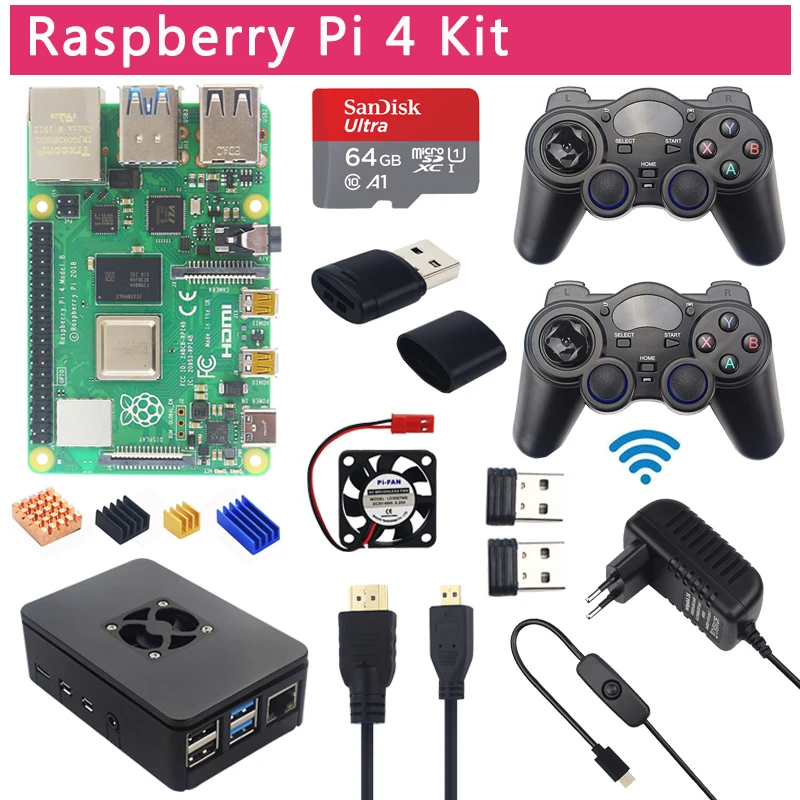 Игровой Комплект Raspberry Pi 4 Модель B+ 2,4G беспроводные геймпады+ 64G 32G sd-карта+ ABS чехол+ блок питания+ вентилятор+ Micro HDMI