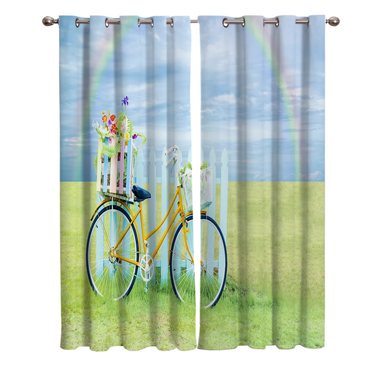 Велосипедные радужные цветы Луг небо пейзаж оконные шторы живописные для