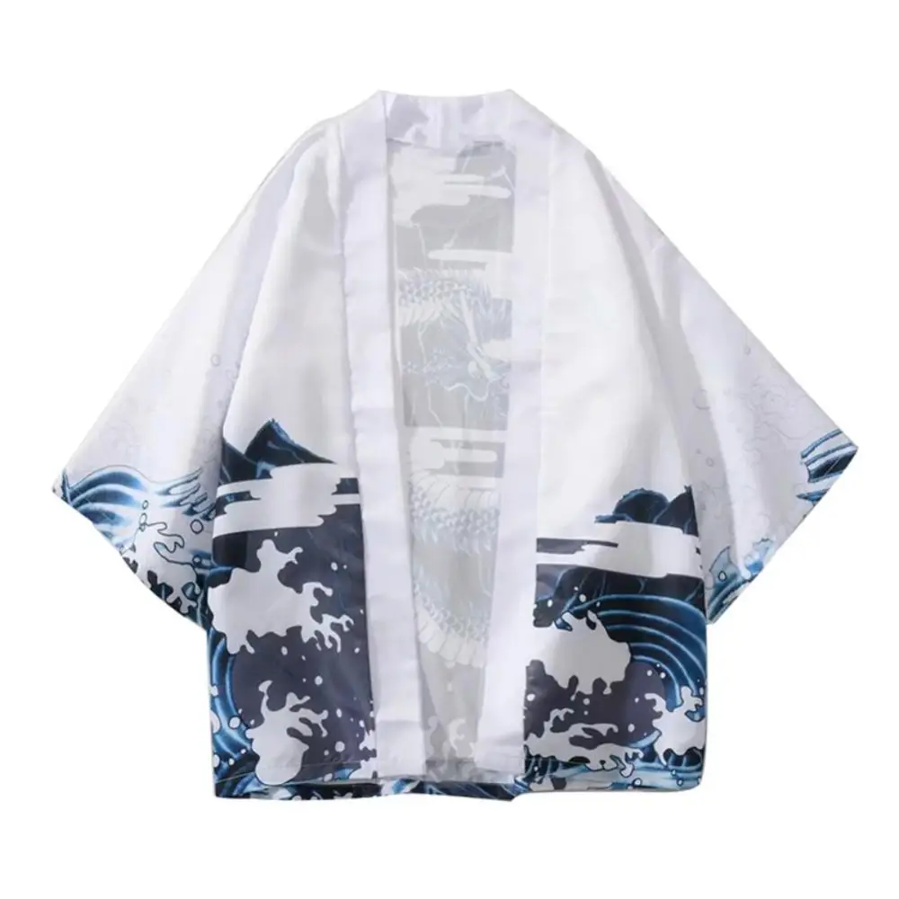 

Casual Men Wave Dragon 3/4 Sleeve Open Front Kimono Yukata Cardigan Coat Shir tis comfortable suitable for Daily Life
