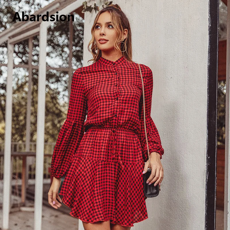 Abardsion красное клетчатое женское платье мода 2020 Весенняя рубашка Vestidos Femme длинный
