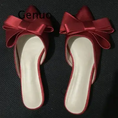 

2021 Spring and Summer Women's Shoes Korean Silk Satin Pointed Bow Tie Slippers Baotou Flat Heel Sets Semi Slippers