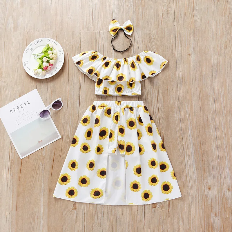 

Baby Girls Clothes Toddler Girl Summer Kids Clothing 3-Piece Set Children's Skirt Suit Headband Outfits Sleeveless Sunflower