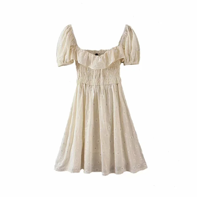 

XUXI Women Pleated Sleeve Dress, High Waist Elastic Mini Skirt With Lace, Square Collar, Summer, 2021 E817
