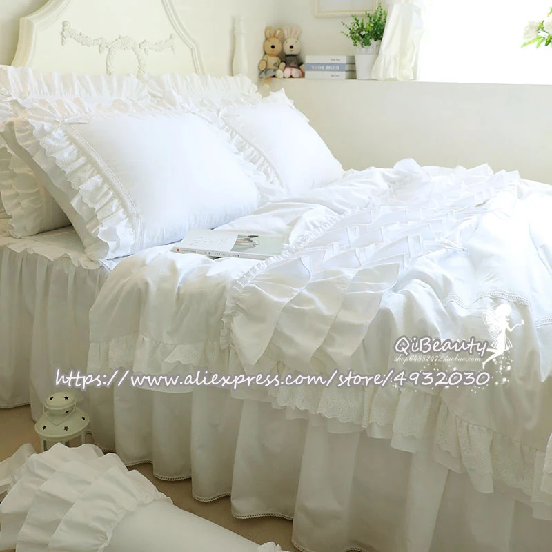 

Top quality luxury pure white multi-layer ruffled bowknot lace lace princess wedding four-piece bedding
