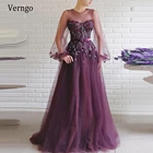 Verngo элегантные фиолетовые тюлевые платья для выпускного вечера 2021 пышные Длинные рукава 3D Цветы О-образный вырез с велюровым поясом на заказ