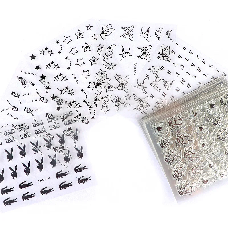 

30Pcs/Set 3D Adhesive stickers Hollow Decals Mixed Designs Adhesive Flower Nail Tips Letter Butterfly paper Nail decorations