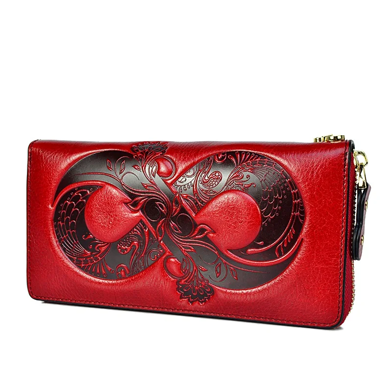 Red Women Purses Genuine Leather Wallet Long Zipper Ladies Leather Wallet First Layer Cowhide Clutch Bag for Cell Phone and Card