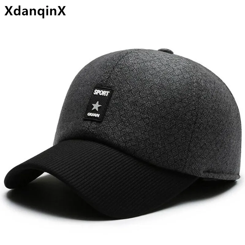 

XdanqinX Winter Men's Warm Hat Thick Baseball Caps Letter Fashion Sports Cap Windproof Warm Earmuff Hats Adjustable Size Dad Hat